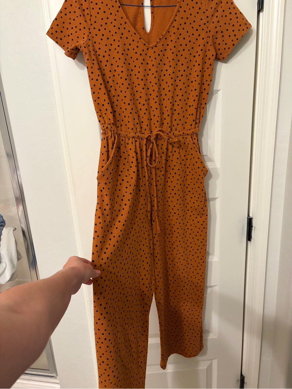 Polka Dot V-Neck Wide-Leg Jumpsuit in Rust (Old Navy)
